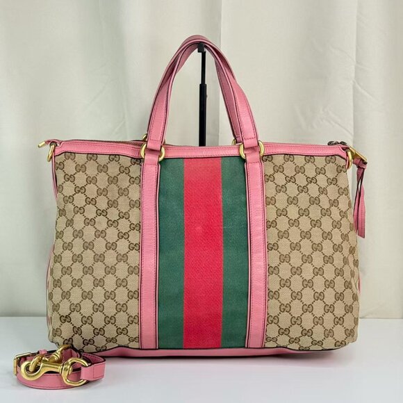 Gucci GG Logo Supreme Shoulder Bag Crossbody with Pink Trim and Green Red Stripe - Picture 2 of 9